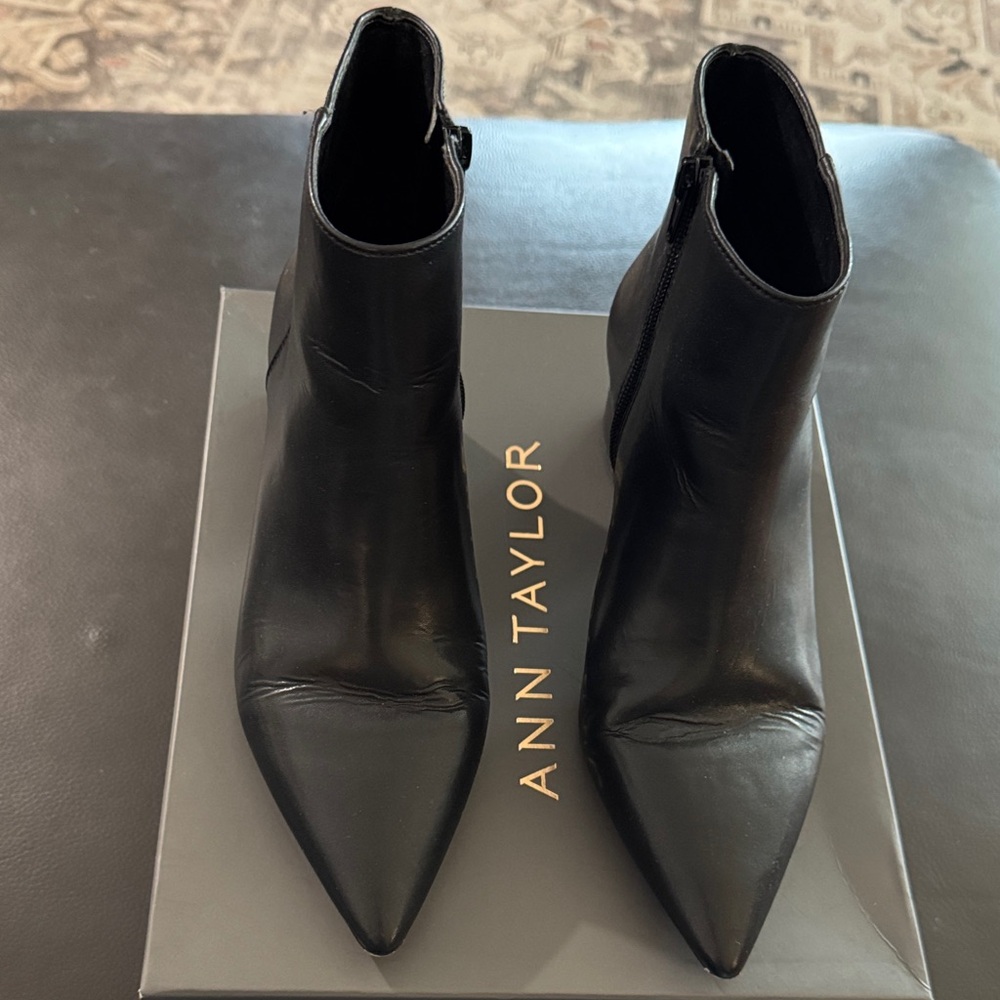Ann Taylor Black Pointed Leather Ankle Booties with Side Zip